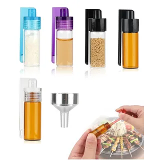 LEPJOS 5er Set Mini Gewürzstreuer mit Löffel & Trichter, kleine Gewürzfläschchen aus Glas für unterwegs, auslaufsichere Portionsstreuer für präzise Dosierung bei Camping & Reisen