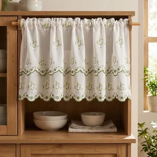 LUANTIANPAI Scheibengardine Landhaus Blumen Vintage Bistrogardine mit Stickerei Halbtransparent Kurzstore Doppel-Lagen Polyester Kurzgardine für Waschküche Schrank 1 Stück 200x70cm