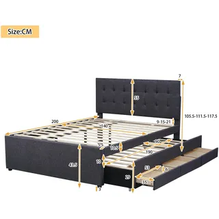 Merax Polsterbett 140x200 aus Leinen Doppelbett mit Schiebebett Ausziehbett & 3 Schubladen & Höhenverstellbares Kopfteil & Lattenrost Grau