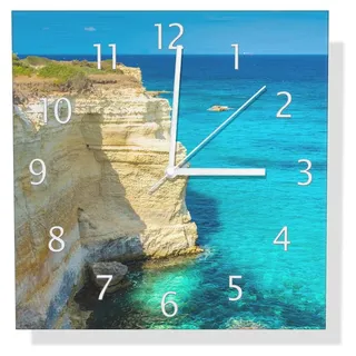 Wallario Design Wanduhr Steilküste am Meer aus Aluverbund, Größe 30 x 30 cm - Türkis