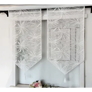 Vordesack Jacquard Panneaux mit Quaste Kurzstore mit Ahornblatt Muster transparente Scheibengardine Unifarbige Weiß Bistrogardinen 2 Stück HxB 90x45cm
