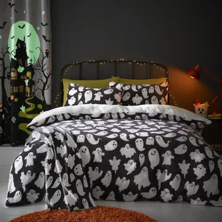 Bedlam - Halloween Kuschel Geister Fleece Bettwäsche - Doppelbett (200 x 200cm) - Wende-Design - Weiche & kuschelige Teddy Fleece Bettwäsche in Weiß - Niedliche Geisterbettwäsche - Halloween Deko