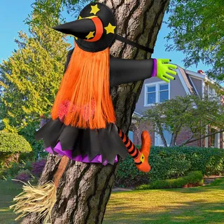 Halloween Deko Große Crashing Witch Into Tree Halloween Dekoration (100cm H), Crashing Flying Witch Dekorationen für Halloween Outdoor Hof Baumstämme Haus Tür Wand Fenster Dekoration