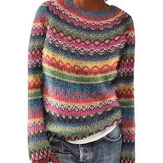 Dyhxuan Pullover Damen Vintage Strickpullover Große Größen Norweger Pulli Warm Bequem Winterpullover Elegant Sweater Rundhals Strickpulli Langarm Wollpullover Autumn Winter Oberteile Wollpulli - S