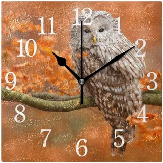 BKEOY Wanduhr mit Eulen-Motiv, quadratisch, geräuschlos, kein Ticken, Heimdekoration