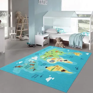 Teppich-Traum Kinderteppich Weltkarte Tiere Blau Grün 140x200 cm