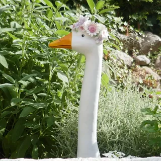 Tierfigur Gänsehals Deko mit Blumen Kranz als Gartenstecker - Gans Zaundeko oder Gartendeko 37cm