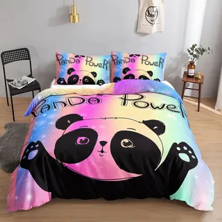 HOSIMA Panda-Bettwäsche-Set für Erwachsene, Jungen und Mädchen, Cartoon-Motiv, niedlicher bunter Panda-Druck, Bettbezug mit 2 Kissenbezügen (Panda M)