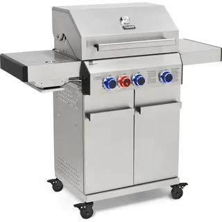 TAINO PLATINUM 3+1 Gasgrill komplett Edelstahl 3-Brenner silber Grillwagen BBQ Griller Piezozündung Seitenkocher Gusseisen-Roste - Silber