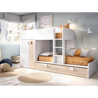 Etagenbett mit Kleiderschrank - 2x 90 x 190 cm - Weiß & Naturfarben - JUANITO