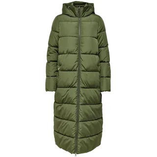 Steppmantel ONLY "ONLANNA X LONG HOOD PUFFER COAT OTW" Gr. XS (34), grün (kalamata) Damen Mäntel Übergangsmäntel