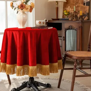 F-CHU Samt-Tischdecke mit auffälliger goldener Quastenborte, lebhafter roter Samt, dicke Dekoration für Weihnachten, Esszimmer, Bankett und Halloween-Partys, rund, 121,9 cm, rot