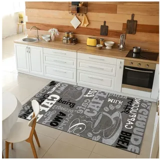 Vimoda Küchenteppich Grau Trendiger Kaffee Teppich, Verschiedene Schriftarten und Muster Kaffee, Maße:80 x 150 cm
