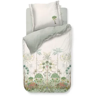 Pip Studio Bettwäsche Panoramico Cremefarben Bäume Farne Oriental Ornamente Grün Blumen Früchte Häuser Regenwald, Größe:155 cm x 220 cm