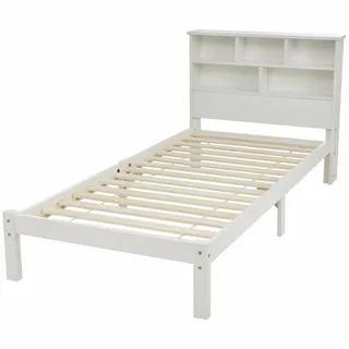 Sunsitt Massivholzbett Bettgestell, Holzbett mit Bücherregal, Futonbett (Weiß, Bett mit Schubladen und Lattenrost), Bücherregal Jugendliche und Erwachsene Kinderbett weiß