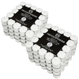 Deco Express Teelichter Multipack 200, 100, 50 oder 24 Stk - 10, 8 oder 4 Std Brenndauer – Bunte & Weiße Teelichter ohne Duft (Weiß, 200/4 Stunden)