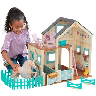 KidKraft Sweet Meadow Pferdestall Puppenhaus mit Pferd - Spielset aus Holz mit Möbeln und Zubehör, Pferde Spielzeug Geschenk für Jungen und Mädchen ab 3 Jahre, 63534