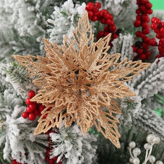 12 Stück Glitter Weihnachtsbaum Dekoration,Weihnachten Schneeflocken Charms,Weihnachten Blumen Poinsettia Ornament Weihnachten Dekor, Christbaumanhänger (Rose Gold)
