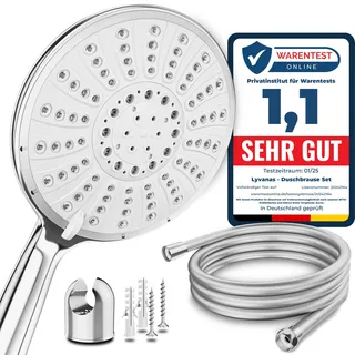 Lyvanas Duschkopf mit Schlauch und Halterung - TESTSIEGER Duschbrause Set | Brausekopf für Dusche & Badewanne in extra gross (Ø15cm) - Wellness Regendusche mit 5 Strahlarten (Premium Set 2026)