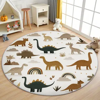 AevuCub Dinosaurier Kinder Teppich Rund 60 cm Kurzflor - Waschbare Teppiche Wohnzimmer Niedlich Cartoon Dino - Runder Teppich 60 cm Durchmesser Kinderzimmer - Bettvorleger Schlafzimmer rutschfest