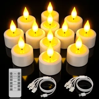 Yme 12er Set LED Teelichter Wiederaufladbar mit Timer, Elektrische LED Kerzen Aufladbar Flackernd Dimmbar mit Fernbedienung und USB-C Ladekabel für Zuhause Zimmer Halloween Weihnachten Party Deko