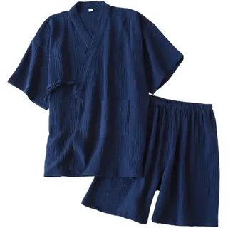 NJIEzhao Kimono-Nachtwäsche-Set für Herren Männer Sommer Baumwolle Pyjama Sets Kurze V-Ausschnitt Kimono Pijamas Dünne Nachtwäsche 2 Stück Set - XL(80-90KG)
