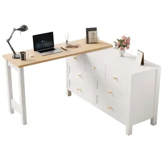 Merax Schreibtisch mit Kommode, 120×40×70 cm, 360° drehbare Tischplatte mit 7 Schubladen, L-förmiger Bürotisch & Sideboard in Weiß/Eicheoptik