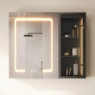 SONNI LED Spiegelschrank 70x60 cm mit Glasvitrine & Steckdose, Holz Schwarz | 2-türig mit LED-Vitrine (15mm Holz), fertig montiert, Anti-Beschlag, 3 Lichtfarben, dimmbar, mit Memory – Für Badrenovierung