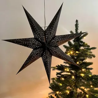 MoreThanHip Nova Faltbarer Weihnachtsstern Schwarz Glittern - Ø 60 cm - Handgefertigt Papierstern für Weihnacht, Winter, Fensterdeko Leuchtstern - Inkl. Beleuchtungskabel 3 Meter (ohne Lampe)