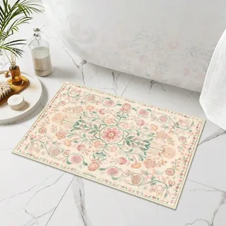 ZDLLDZ Boho-Badematte, beige, geblümt, kleine Badezimmerteppiche, rutschfest, Vintage-Bauernhaus-Blumenmuster, Badeteppiche für Badezimmer, Toilette, Waschbecken, Badewanne (60 x 90 cm/rutschfest)