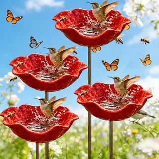Blumen Gartenstecker Vogeltränke Keramik, 2-in-1 Futterschale & Vogeltränke Blume, Stabile & Windfeste Insektentränke Garten, bienentränke Keramik für Bienen, keramikblüten für Bienen Draußen (4)
