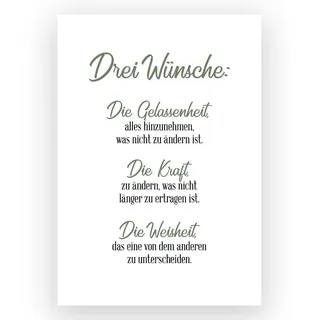 TypeStoff Kunstdruck, Poster mit Spruch - Drei Wünsche - Typografie-Bild auf hochwertigem Karton - Plakat, Druck, Print, Wandbild zum Thema Gelassenheit, Kraft und Weisheit - KD-00405-M