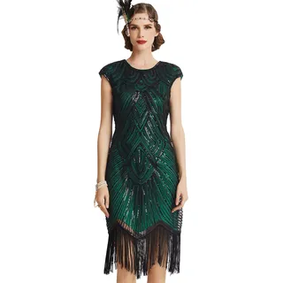 BABEYOND Damen-Flapperkleid, 1920er-Jahre, mit Perlen besetzt, Fransen, Great Gatsby-Kleid, Grün, Klein - S