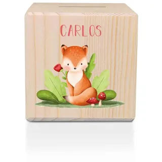 GRAVURZEILE Spardose aus Holz - Waldtiere - mit Namen personalisiert - Personalisierte Geschenke für Mädchen & Jungen zum Geburtstag Kommunion Einschulung - Geschenk für Kinder - Fuchs