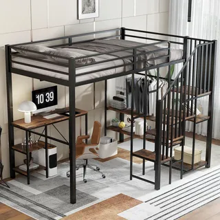 Merax Hochbett Metallbett 120x200cm, Platzsparend Etagenbett mit Schreibtisch und Offenes Regal, Stockbett mit offenem Kleiderschrank, Rausfallschutz, Sichere Treppe, Funktionsbett Jugendbett, Schwarz