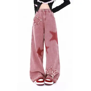 Herbst rosa Damenjeans High Street Retro Stern Bestickt Sweet Girl Style Hose lockere Mode Hose mit weitem Bein weiblich 2023-Rostrot-M - M