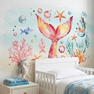 Meerjungfrau Wandsticker Kinderzimmer Unterwasser Deko mit Fisch Korallen und Meerjungfrau Schwanz selbstklebendes Wandtattoo