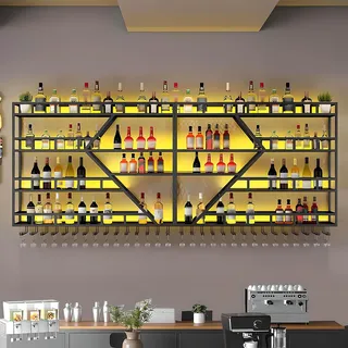 KEPMOGOH Weinregal Wand, Wand Montiert Eisen Weinregal, Wandmontage Wine Display-Ständer, Wine Rack Bar Regal mit Glasregal, Wein Storage Rack, Für Küche Esszimmer Dekor (Schwarz, 4 Tier, 160cm)