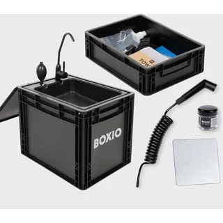 BOXIO - WASH Max+ XL: Mobiles 40x30 Camping Waschbecken Komplettset | Filter System, Campingdusche, Reinigungsperlen & Spiegel: Spülbecken mit Pumpe ohne Strom, Camping Zubehör in Eurobox