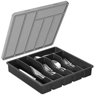 Rhein Beleuchtung Besteckträger Besteckkasten mit 6 Fächern, besteckkasten mit deckel, besteckkorb, (Hält Löffel, Gabeln, Messer, etc), Staubfreie Lagerung, klassifizierte Lagerung, leicht zu reinigen schwarz