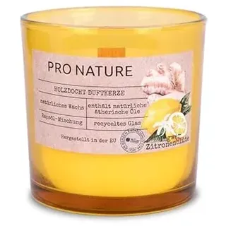 Müller Kerzen PRO NATURE Duftkerze im Glas mit Holzdocht und Rapswachs - Ingwer & Zitronenblüte Duft - 40 Stunden Brenndauer - Recyceltes Glas - 1er Pack
