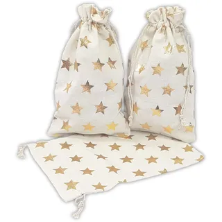 Frau WunderVoll® 12 Geschenksäckchen weiß, goldene Sterne 20 x 12 cm Baumwolle Adventskalender Säckchen Stoffbeutel zum Basteln und befüllen Gastgeschenk Hochzeit Landhausbeutel Landhaus