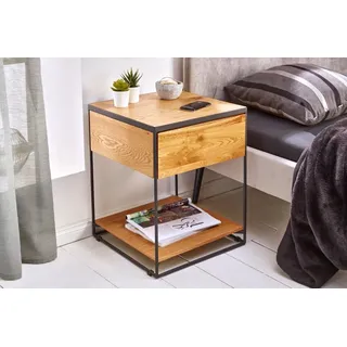 riess-ambiente Beistelltisch SCORPION 40cm natur / schwarz, Nachttisch · Eichen-Optik · mit Schublade · Metall · Industrial braun
