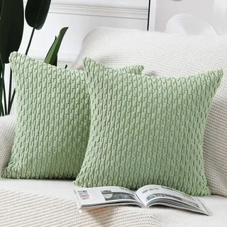 Set Mit 2 Boho-kissenbezügen Aus Cord Mit Streifenmuster, Weiche Dekokissenbezüge Für Sofa Und Schlafzimmer, Hellgrün, 60 X 60 Cm