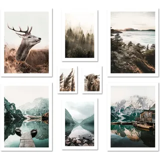 ARTFAVES® Poster Set - MYSTI RIVER - mehrteilige Wanddeko Wohnzimmer & Schlafzimmer - 8 moderne Wandbilder Pragser See, Wald, blau, braun, Berge, Hirsch, Dolomiten - ohne Bilderrahmen