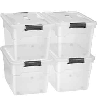 Juskys Aufbewahrungsbox mit Deckel - 4er Set Kunststoff Boxen 60l - Box stapelbar, transparent