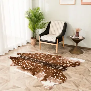 Plancholo Sika Hirsch-Teppich, Kunstpelz-Teppich, 81 x 112 cm, Kunstrindsleder, Tierdruck, für Zuhause, Weißbraun