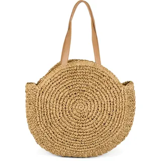 styleBREAKER runde Damen Basttasche mit langen Henkeln | Geflochtene Korbtasche als Strandtasche oder Shopper | Großes Hauptfach mit Reißverschluss, Farbe:Braun - Einheitsgröße
