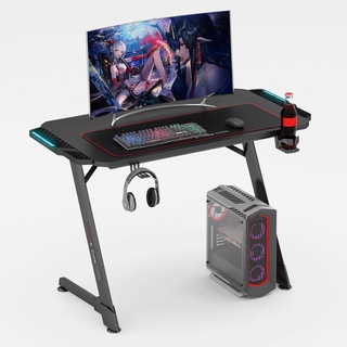 EXCAPE Gaming Tisch Z10 mit LED Beleuchtung 100cm (+16cm Extensions) - Beine in Z-Form, Carbon-Optik, Schreibtisch Gaming-Gamingtisch, Getränkehal...