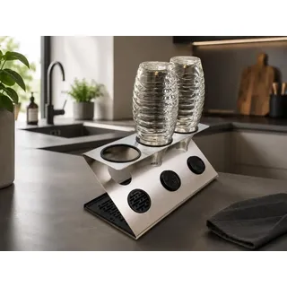 Edelstahl Abtropfständer geeignet für SodaStream Crystal, Easy, Fuse & Emil – Flaschenhalter mit Abtropfmatte, Deckelhalter & Flaschenbürste – Spülmaschinengeeignet – Küchen Organizer